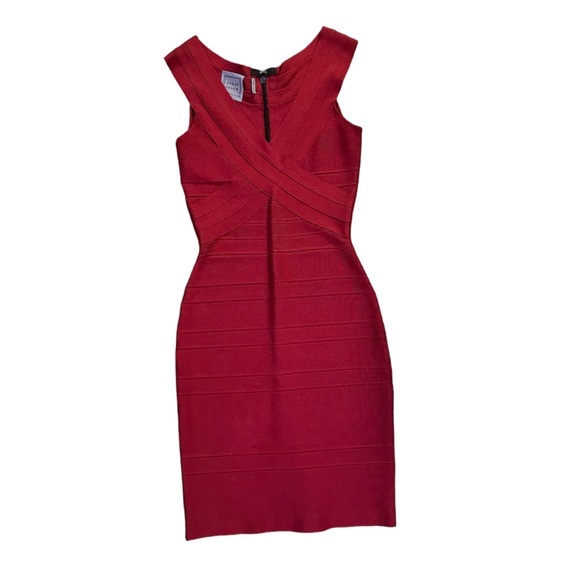 Herve Leger v neck cross cross detail red midi bandage dress w/ zipper & clasp - Picture 4 of 11